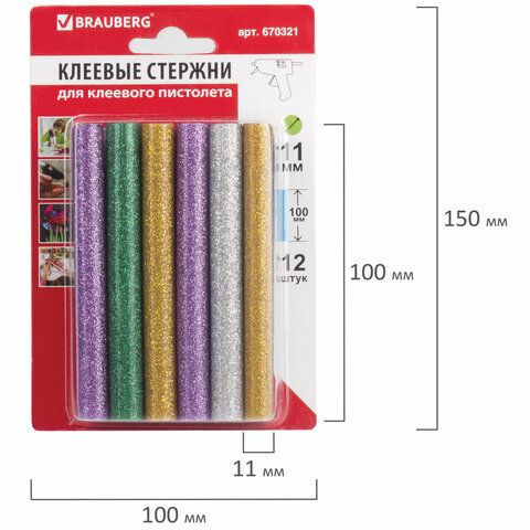 Клеевые стержни, диаметр 11мм, длина 100мм,цветные (ассорти),С БЛЕСТКАМИ,КОМПЛЕКТ 12шт,6цв, BRAUBERG Клеевые стержни, диаметр 11мм, длина 100мм,цветные (ассорти),С БЛЕСТКАМИ,КОМПЛЕКТ 12шт,6цв, BRAUBERG