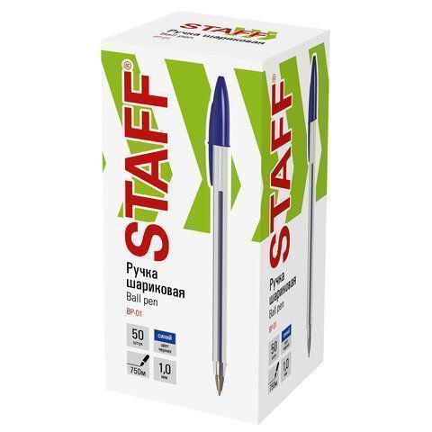 Ручка шариковая синяя узел 1мм линия 0,5мм корпус прозр STAFF Basic BP-01 1/50/2000 Ручка шариковая синяя узел 1мм линия 0,5мм корпус прозр STAFF Basic BP-01 1/50/2000