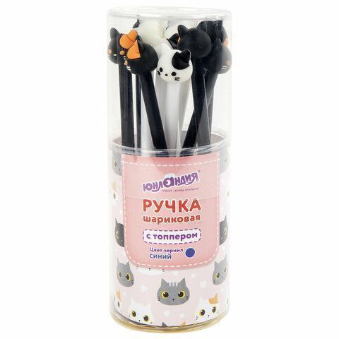 Ручка с топпером шариковая ЮНЛАНДИЯ Кошка корпус ассорти СИНЯЯ узел 0,7мм 1/12 Ручка с топпером шариковая ЮНЛАНДИЯ Кошка корпус ассорти СИНЯЯ узел 0,7мм 1/12