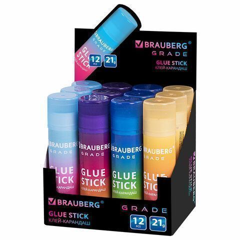 Клей-карандаш 21г BRAUBERG Grade PVP ассорти 1/12/648