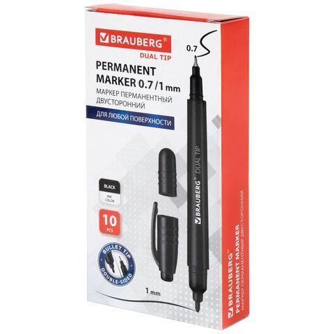 Маркер перманентный двусторонний BRAUBERG DUO, ЧЕРНЫЙ, наконечники 0,7/1 мм 1/10