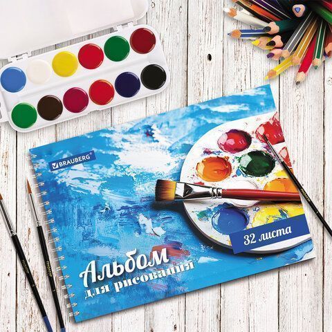 Альбом для рисования А4 32л гребень обложка картон BRAUBERG Палитра 1/6/30