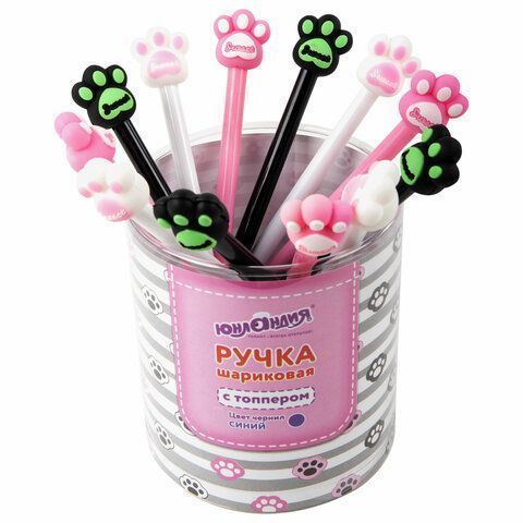 Ручка с топпером шариковая ЮНЛАНДИЯ Лапка корпус ассорти СИНЯЯ узел 0,7мм 1/12