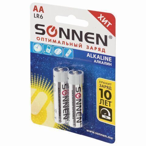 Элемент питания SONNEN, AA (LR6), КОМПЛЕКТ 2шт., АЛКАЛИН, в блистере, 1.5В, 1/12/120 Элемент питания SONNEN, AA (LR6), КОМПЛЕКТ 2шт., АЛКАЛИН, в блистере, 1.5В, 1/12/120