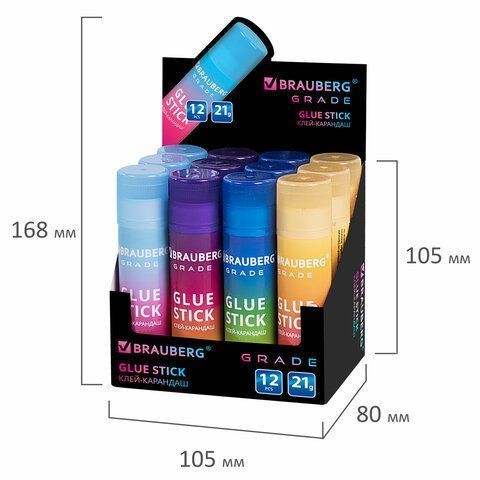 Клей-карандаш 21г BRAUBERG Grade PVP ассорти 1/12/648
